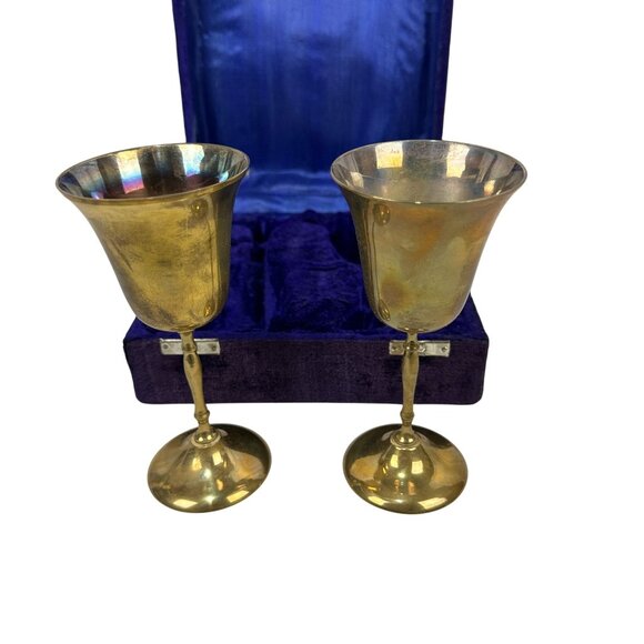 Brass Goblet Set Of 2 In Velvet Box Made In India Vintage Style Elegant Design - Picture 2 of 8